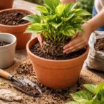 Person repotting a golden pothos plant into a terracotta pot with soil.