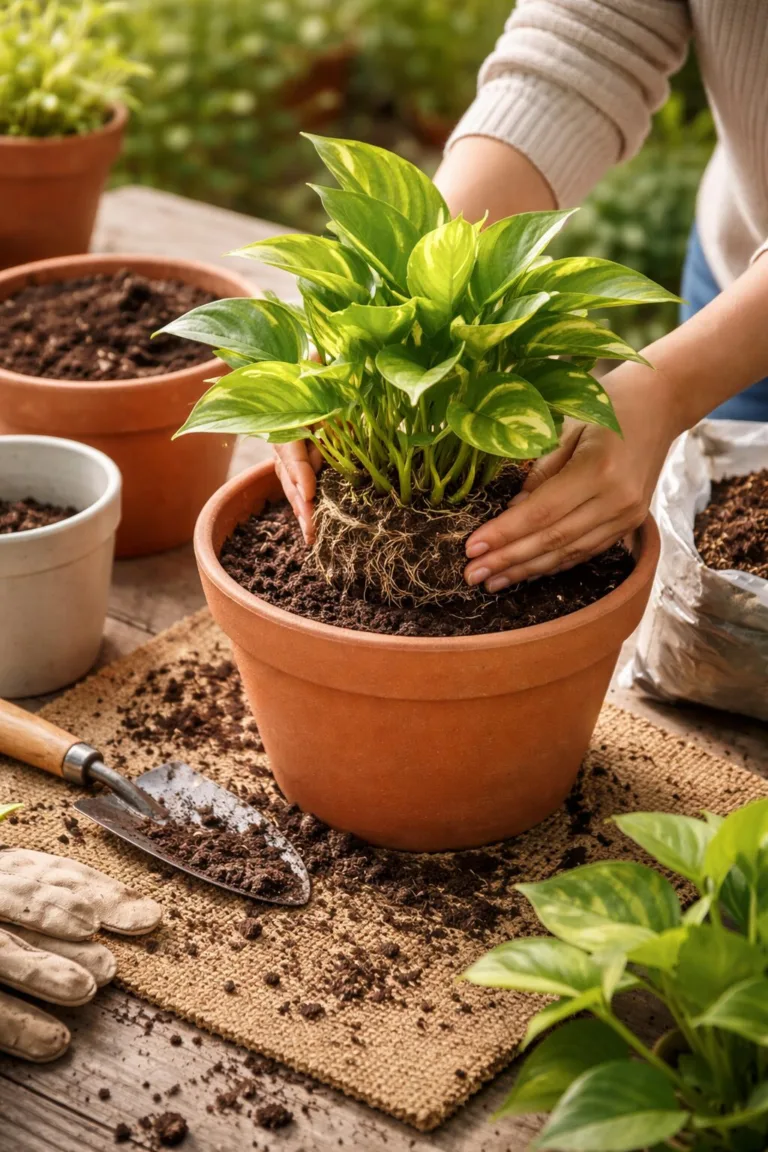 Person repotting a golden pothos plant into a terracotta pot with soil.