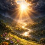 Danielle Art Original Acrylic and Oil Paintings Sunbeams break through clouds over a vibrant valley, wildflowers in foreground. Grateful for a Glimmer of Light