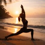 Danielle Art Original Acrylic and Oil Paintings Woman in warrior pose on beach at sunset. Yoga therapy and mindfulness.
