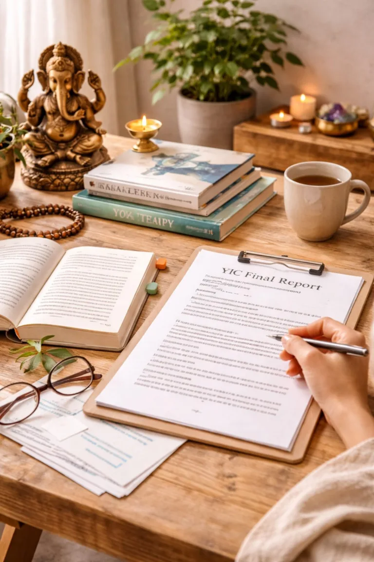 Writing YIC Final Report with Ganesha statue, tea, and open book.
