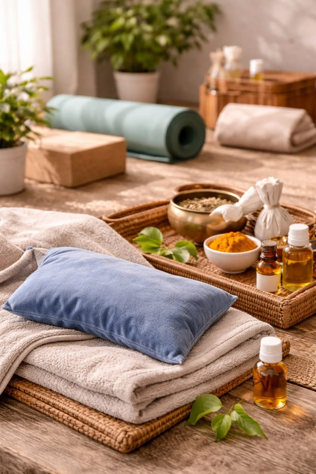 Wellness scene with yoga mat, oils, and herbal compress on a woven tray.