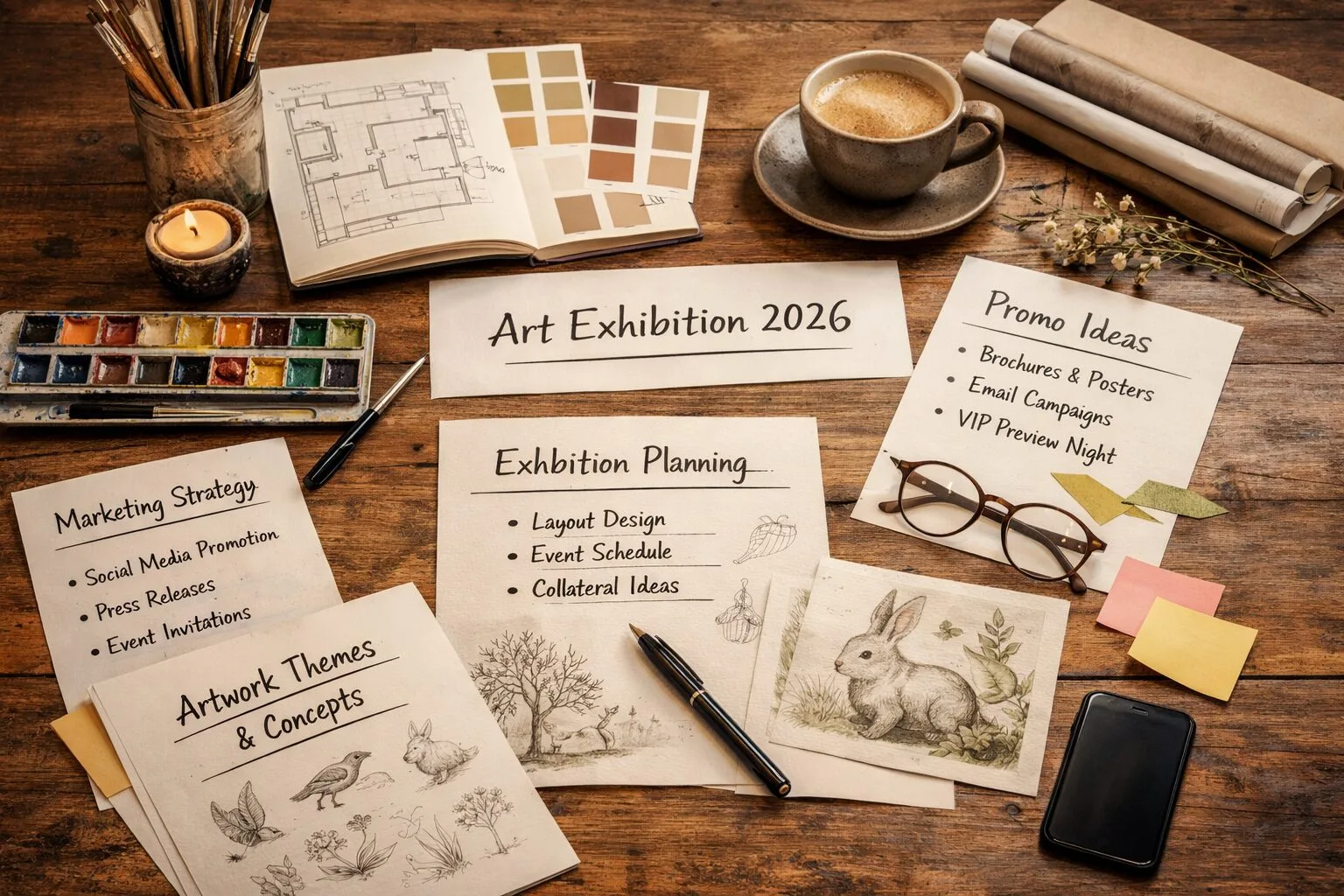 Art exhibition planning: layout, themes, marketing, promo ideas for 2026 event.
