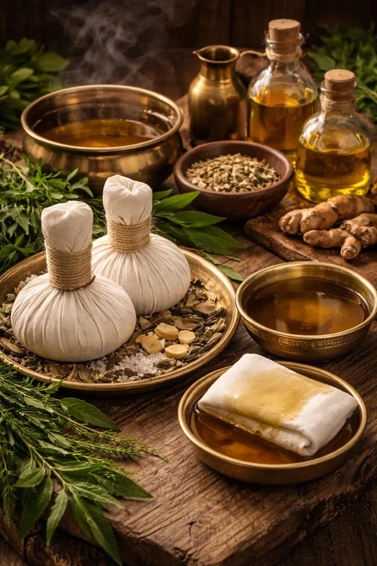 Ayurvedic spa treatment with herbal poultices, oils, and herbs. Holistic wellness.