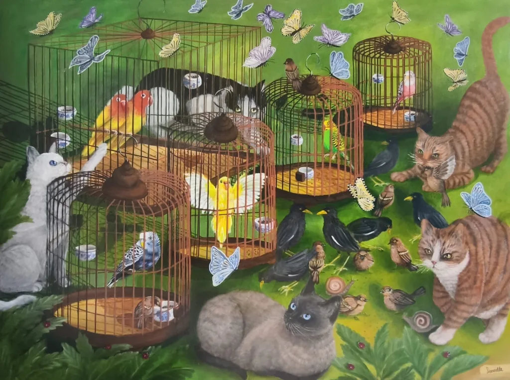 Cats, birds, and butterflies in cages, a colorful and whimsical art exhibition scene.