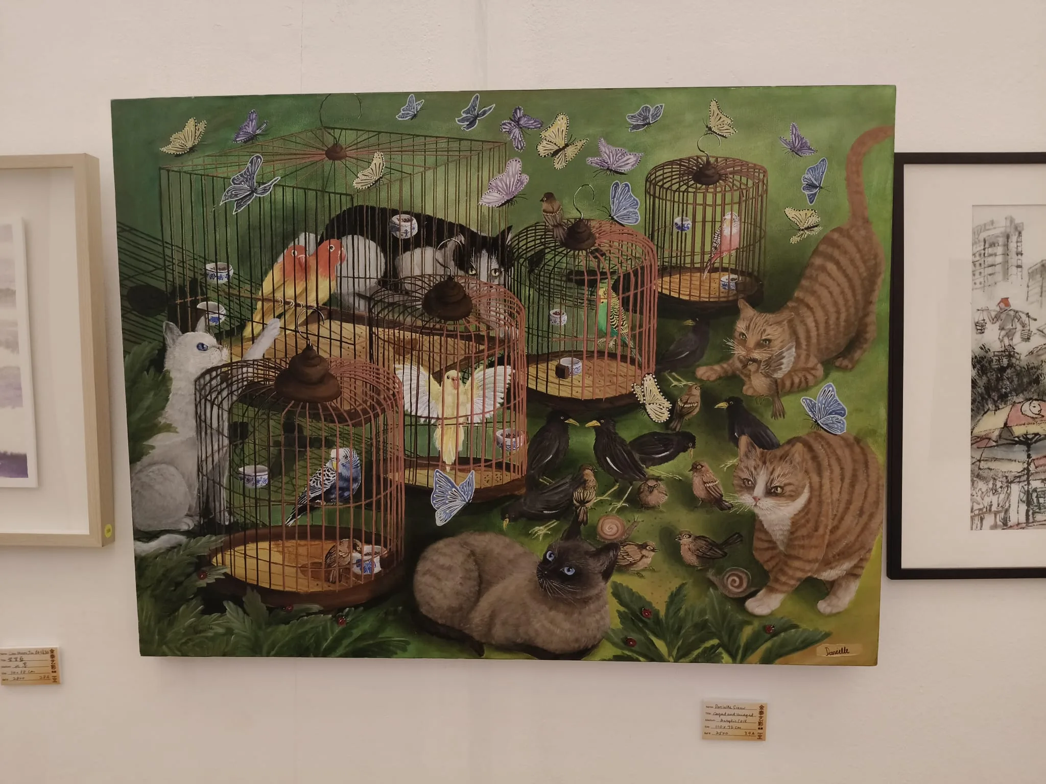 Painting of cats, birds in cages, and butterflies in a whimsical, surreal style.