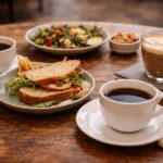 Coffee, sandwich, and salad on a wooden table. Good friends enjoying lunch.