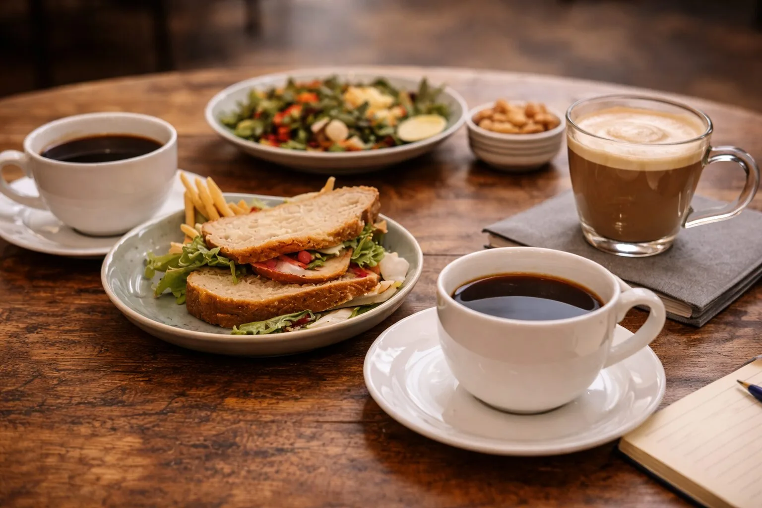 Coffee, sandwich, and salad on a wooden table. Good friends enjoying lunch.