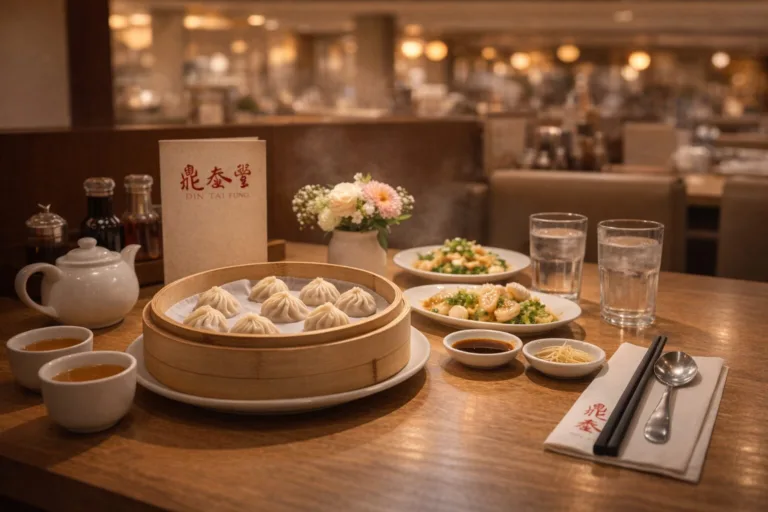 Din Tai Fung meal: soup dumplings, greens, tea, and drinks on a table.
