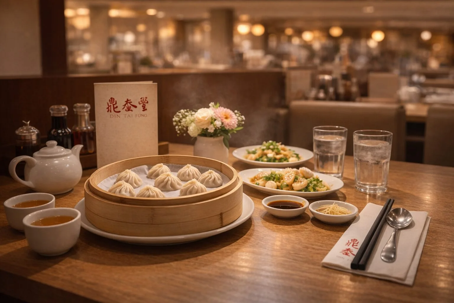 Din Tai Fung meal: soup dumplings, greens, tea, and drinks on a table.