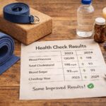 Health check results showing improved cholesterol, yoga mat, and water bottle.