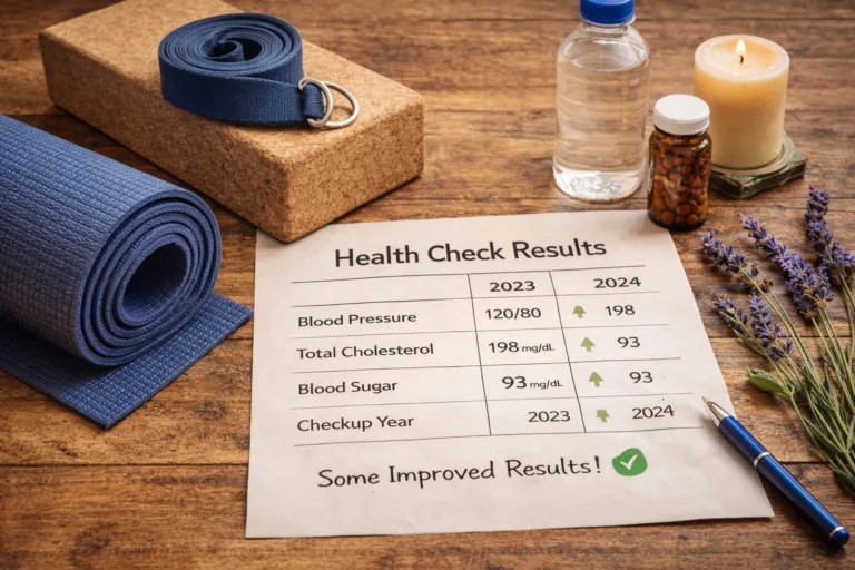 Health check results showing improved cholesterol, yoga mat, and water bottle.