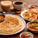 Indian breakfast with paratha, uttapam, curry, coffee on a wooden table.