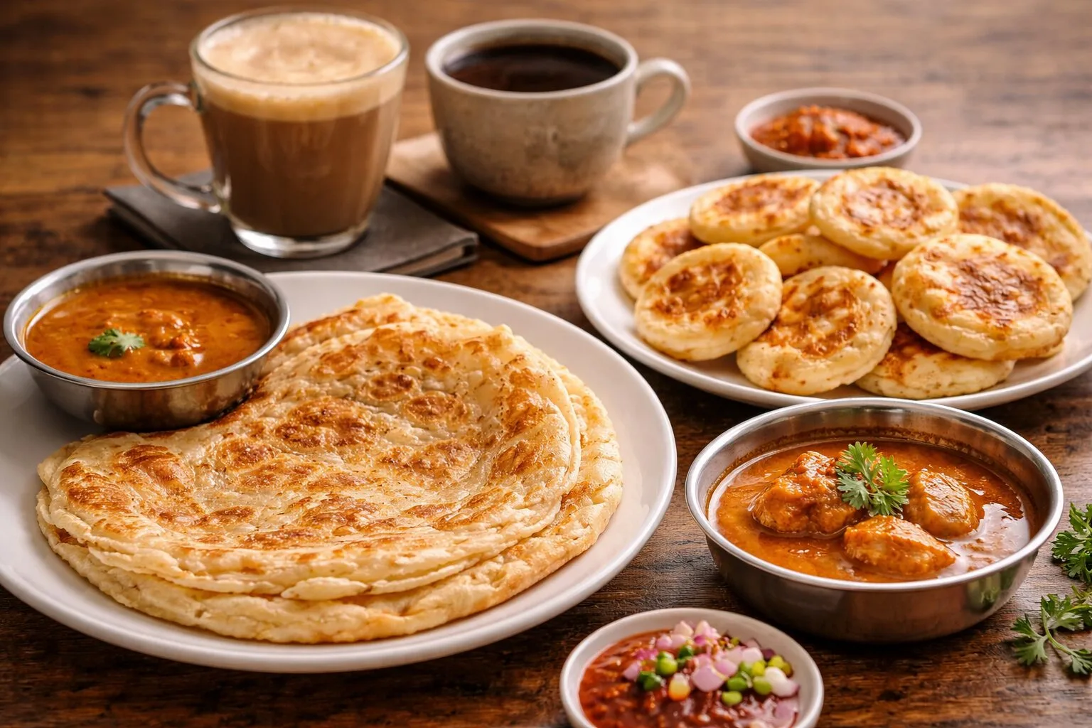 Indian breakfast with paratha, uttapam, curry, coffee on a wooden table.