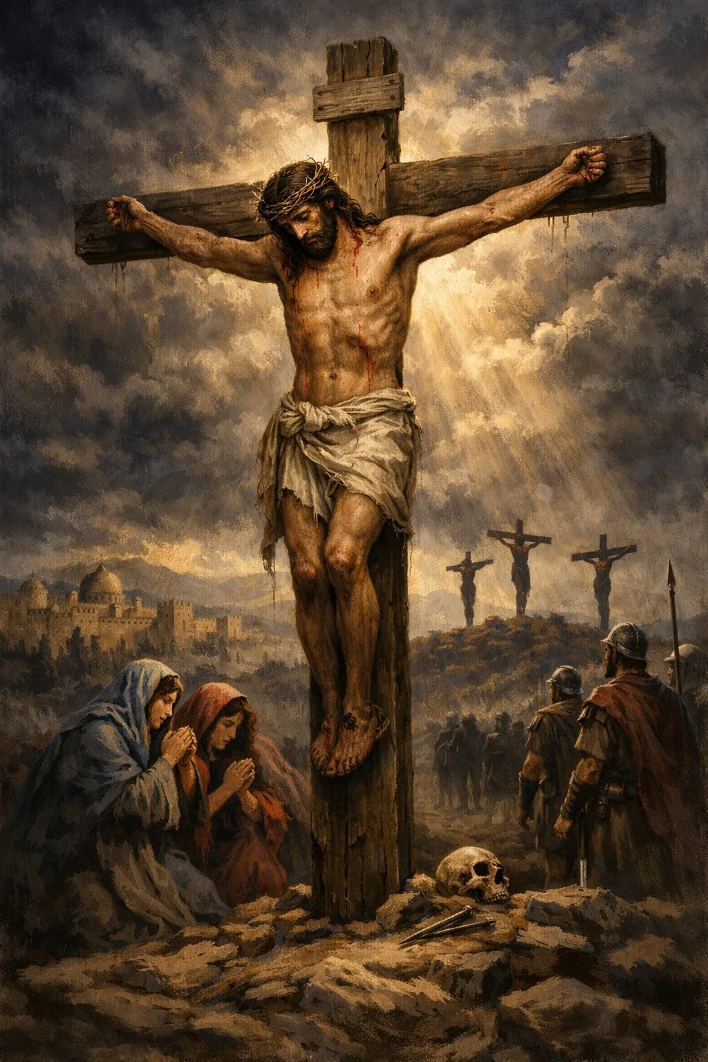 Jesus Christ on the cross, Good Friday reflection with Mary and another woman kneeling at the foot of the cross.