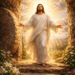 Jesus Christ emerging from tomb, radiant light, Easter resurrection