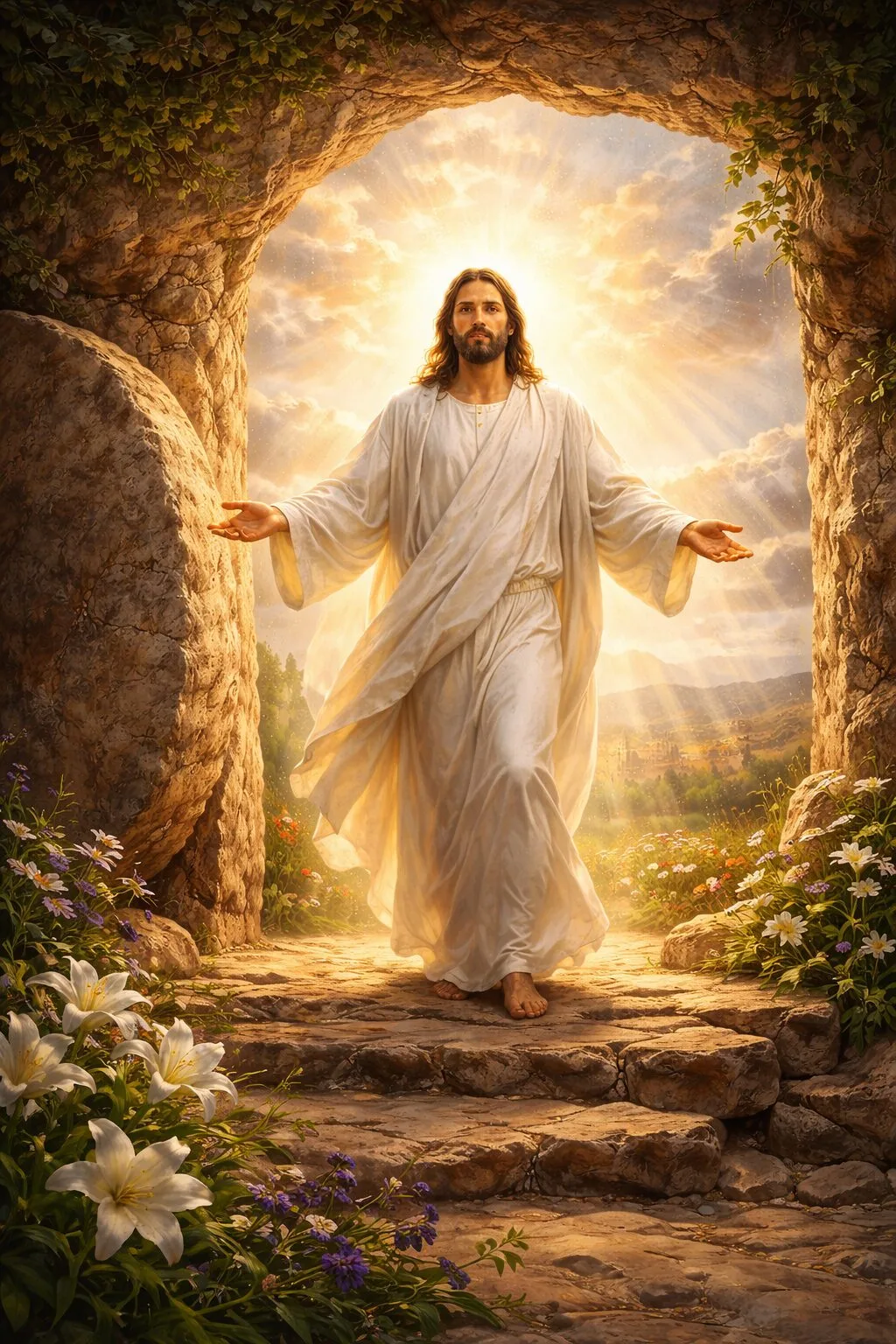 Jesus Christ emerging from tomb, radiant light, Easter resurrection