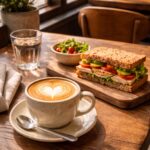 Latte art, sandwich, salad, and water on a wooden table by a window.