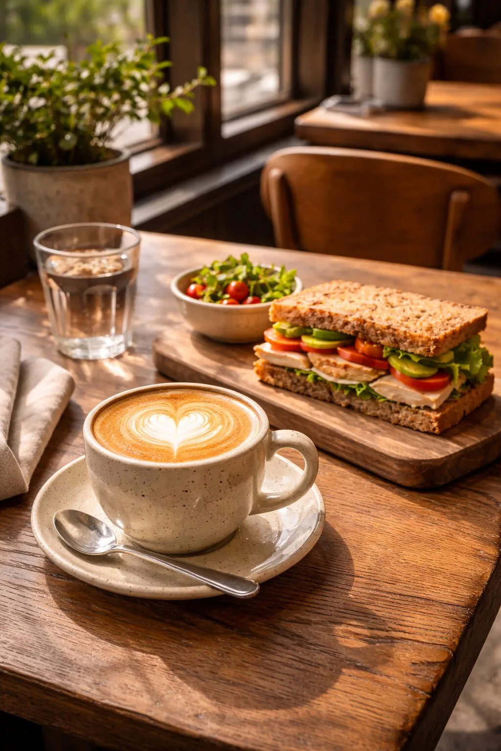 Latte art, sandwich, salad, and water on a wooden table by a window.