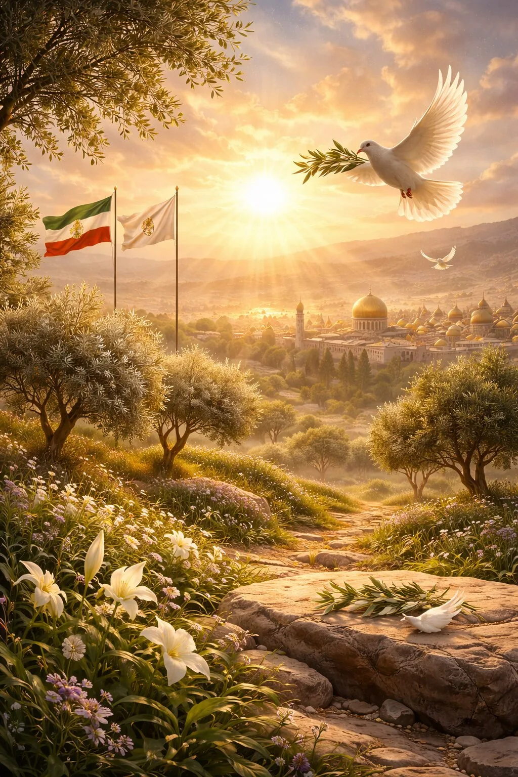 Dove with olive branch flying over peaceful city with flags and flowers. Gratitude for joy.
