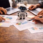 Team analyzes charts with robot assistant, laptops, and sticky notes.