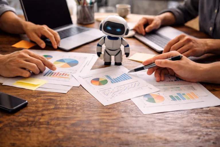 Team analyzes charts with robot assistant, laptops, and sticky notes.