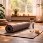 Yoga mat, water bottle, and candle in a serene, sunlit room.