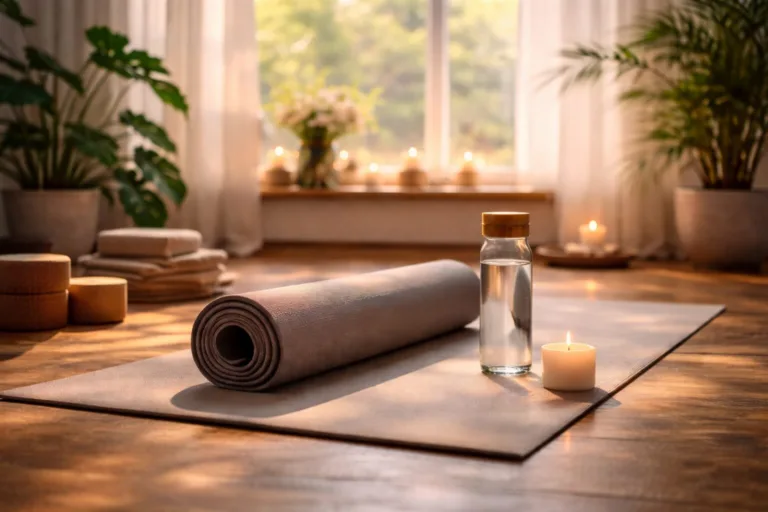 Yoga mat, water bottle, and candle in a serene, sunlit room.
