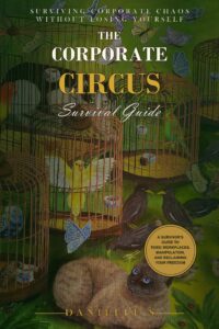 Corporate Circus Survival Guide Book Cover 1 Danielle Art Original Acrylic and Oil Paintings Book cover: "The Corporate Circus Survival Guide" with cat, birds in cages, butterflies