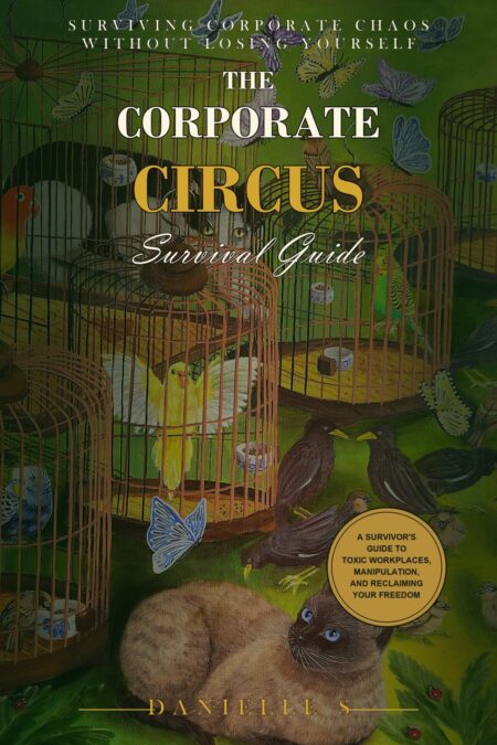 Danielle Art Original Acrylic and Oil Paintings Book cover: "The Corporate Circus Survival Guide" with cat, birds in cages, butterflies