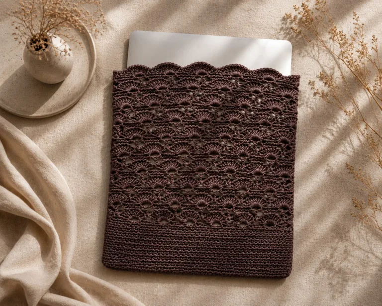 Danielle Art Original Acrylic and Oil Paintings Handmade dark brown crochet laptop sleeve with scalloped edge