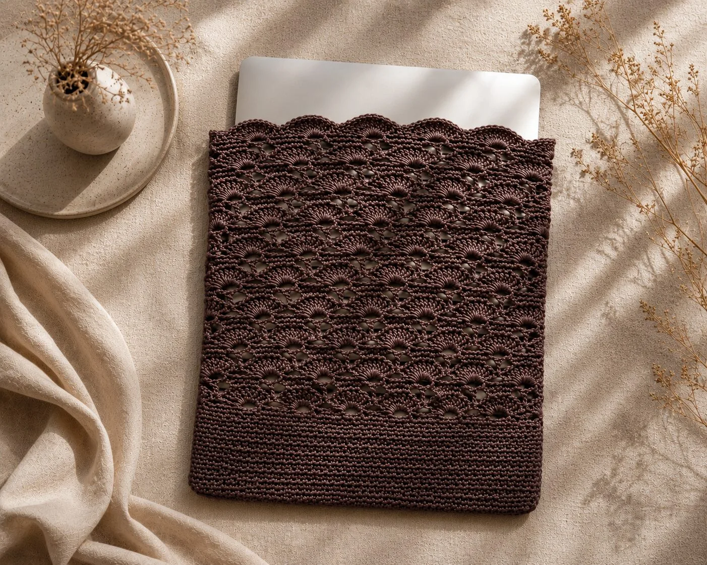 Danielle Art Original Acrylic and Oil Paintings Handmade dark brown crochet laptop sleeve with scalloped edge
