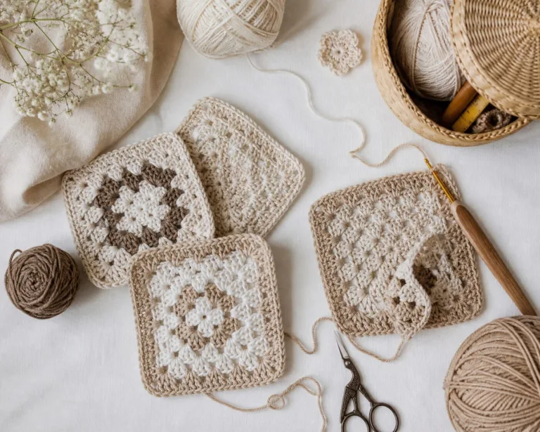 Danielle Art Original Acrylic and Oil Paintings Crocheted granny squares and yarn in neutral tones with crochet hook and scissors.