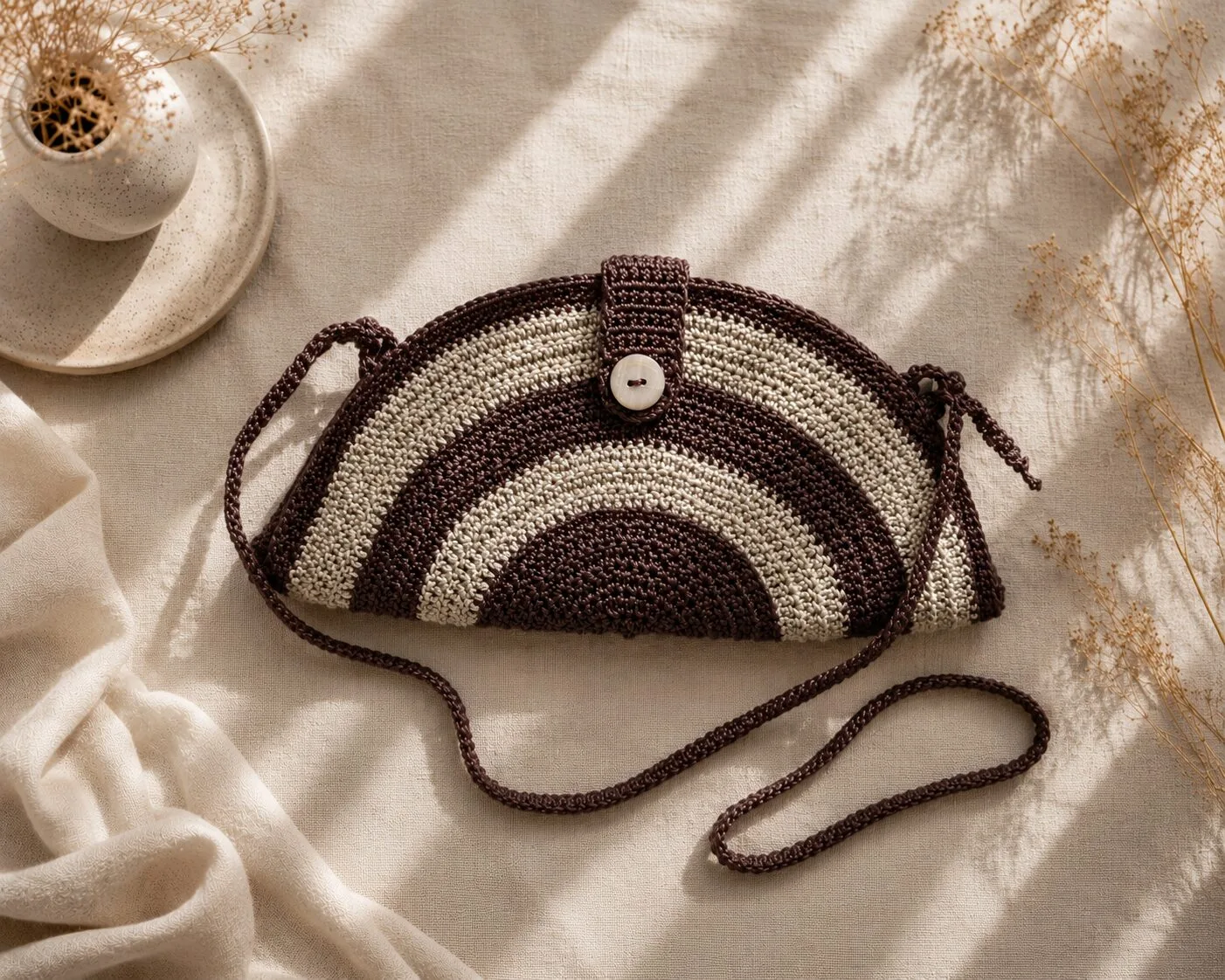 Danielle Art Original Acrylic and Oil Paintings Hand-crocheted half-moon bag with brown and cream stripes and a wooden button closure.