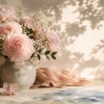 Danielle Art Original Acrylic and Oil Paintings Soft pink peonies and baby's breath in a textured vase, with dappled light.