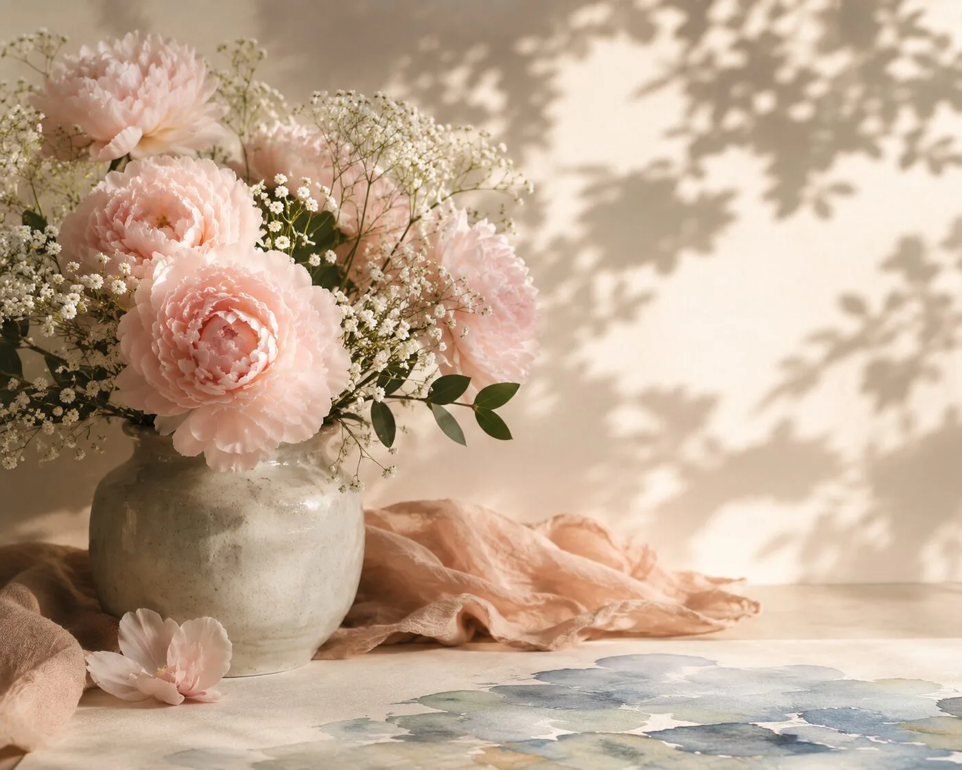 Danielle Art Original Acrylic and Oil Paintings Soft pink peonies and baby's breath in a textured vase, with dappled light.