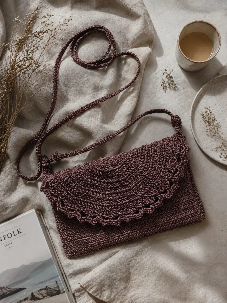 Danielle Art Original Acrylic and Oil Paintings Hand-crocheted plum envelope crossbody bag with a scalloped edge and braided strap.