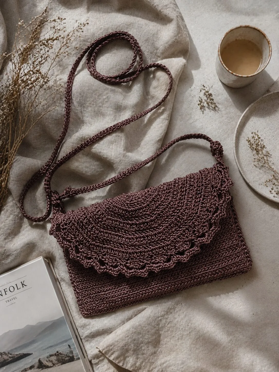 Danielle Art Original Acrylic and Oil Paintings Hand-crocheted plum envelope crossbody bag with a scalloped edge and braided strap.