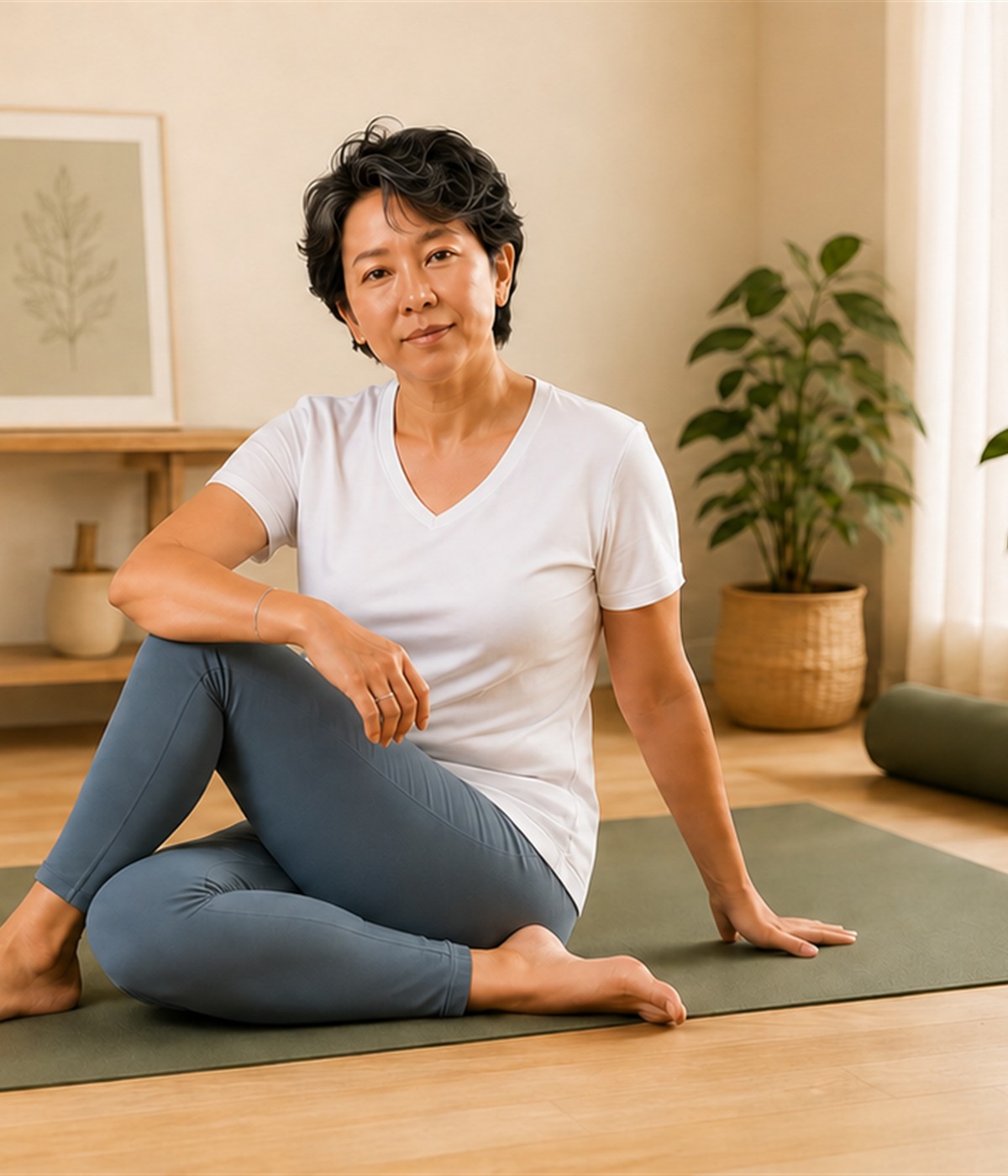 Woman Seated Yoga Twist Danielle Art Original Acrylic and Oil Paintings Woman in white t-shirt and blue leggings doing a seated yoga twist on a mat.