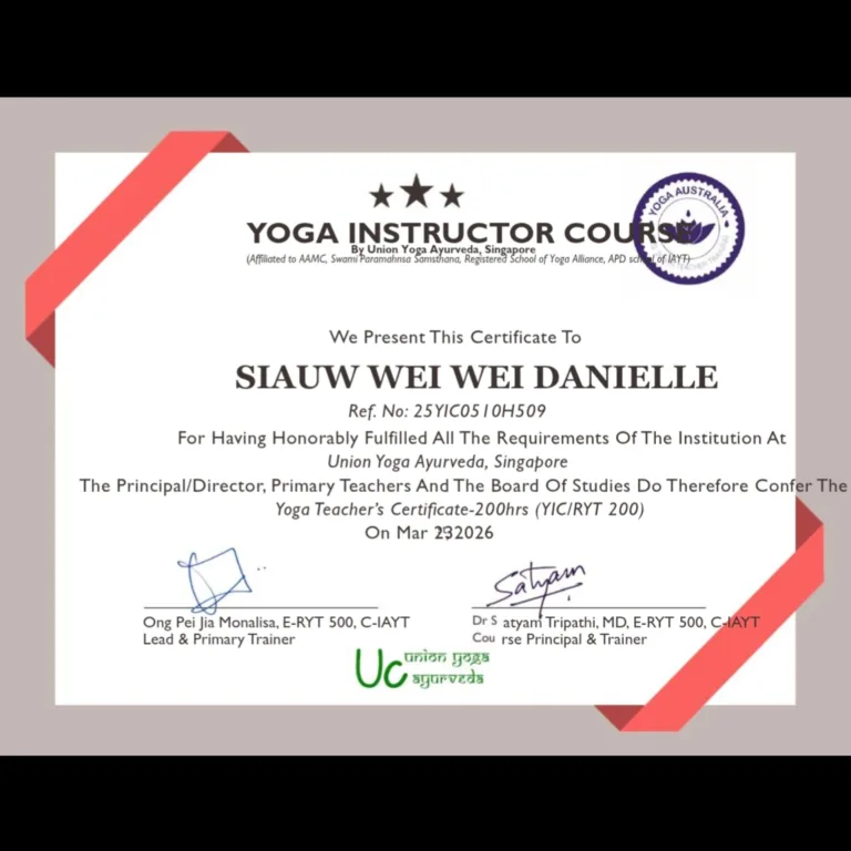 Danielle Art Original Acrylic and Oil Paintings Yoga Instructor Certificate awarded to Siau Wei Wei Danielle from Union Yoga Ayurveda.