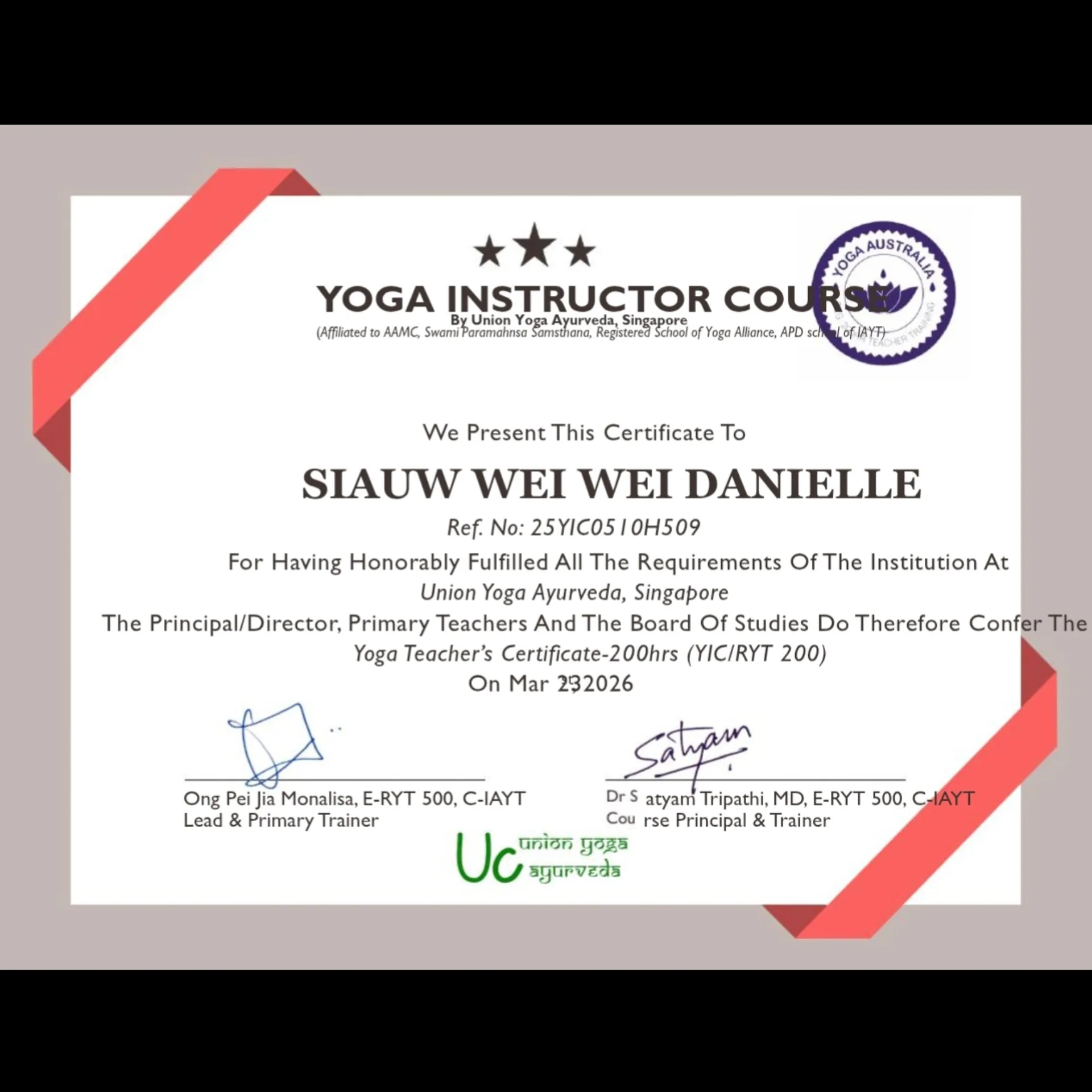 Danielle Art Original Acrylic and Oil Paintings Yoga Instructor Certificate awarded to Siau Wei Wei Danielle from Union Yoga Ayurveda.