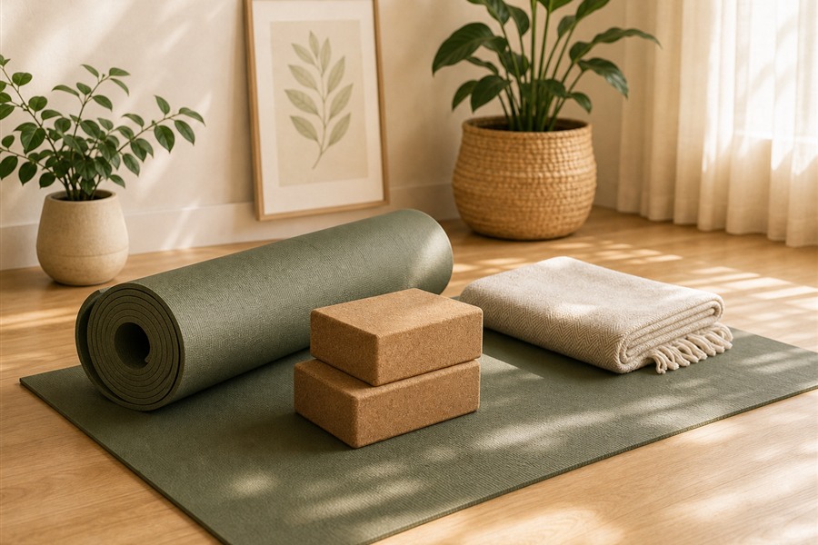 Yoga Mat Accessories Wellness Danielle Art Original Acrylic and Oil Paintings Green yoga mat with rolled mat, blocks, and blanket for wellness.