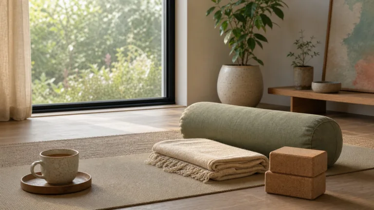 Photorealistic peaceful yoga space with a mat, bolster, folded blanket and soft morning light