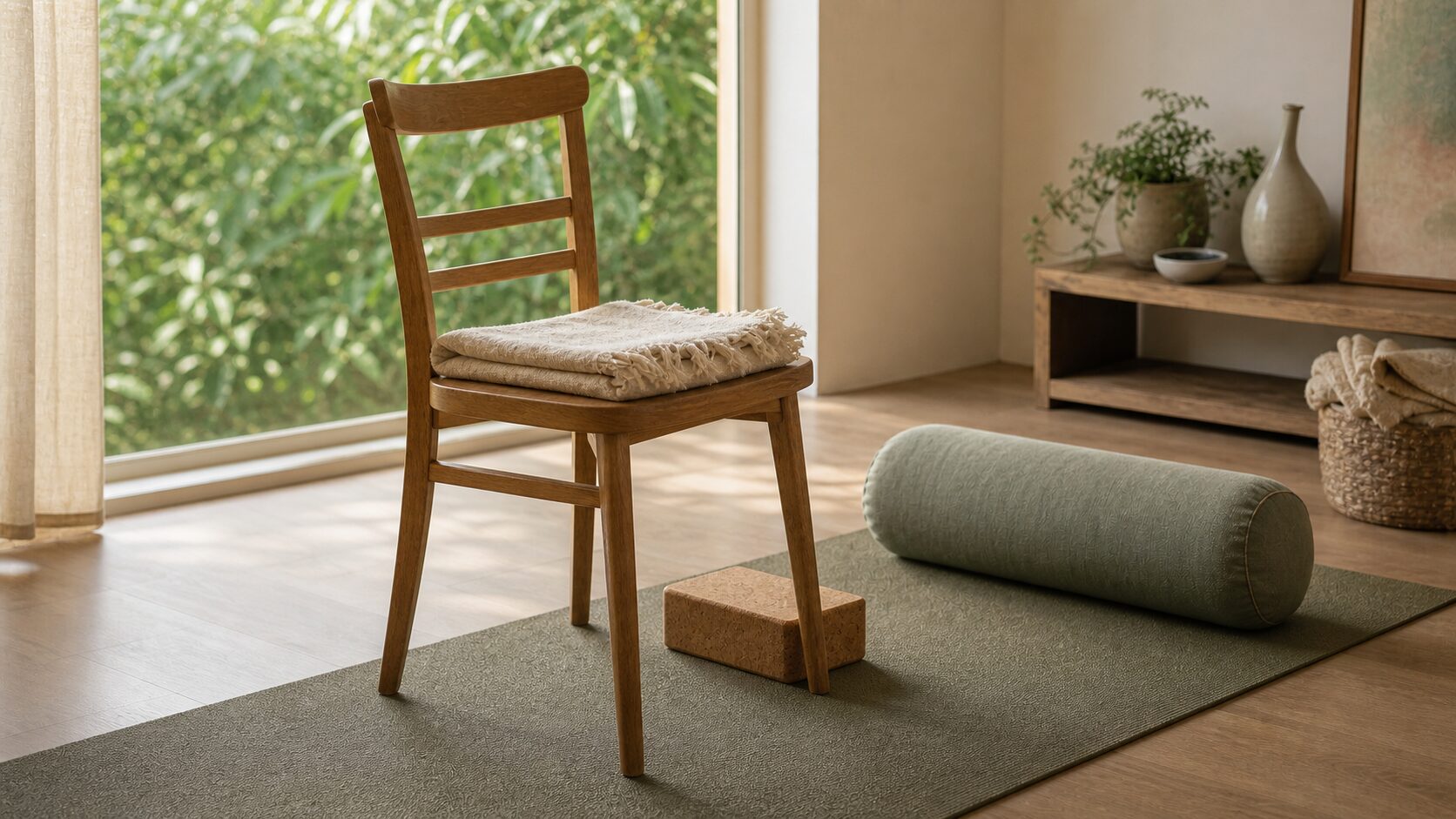 Photorealistic chair-based yoga setup with a blanket, bolster and cork block for adaptable practice