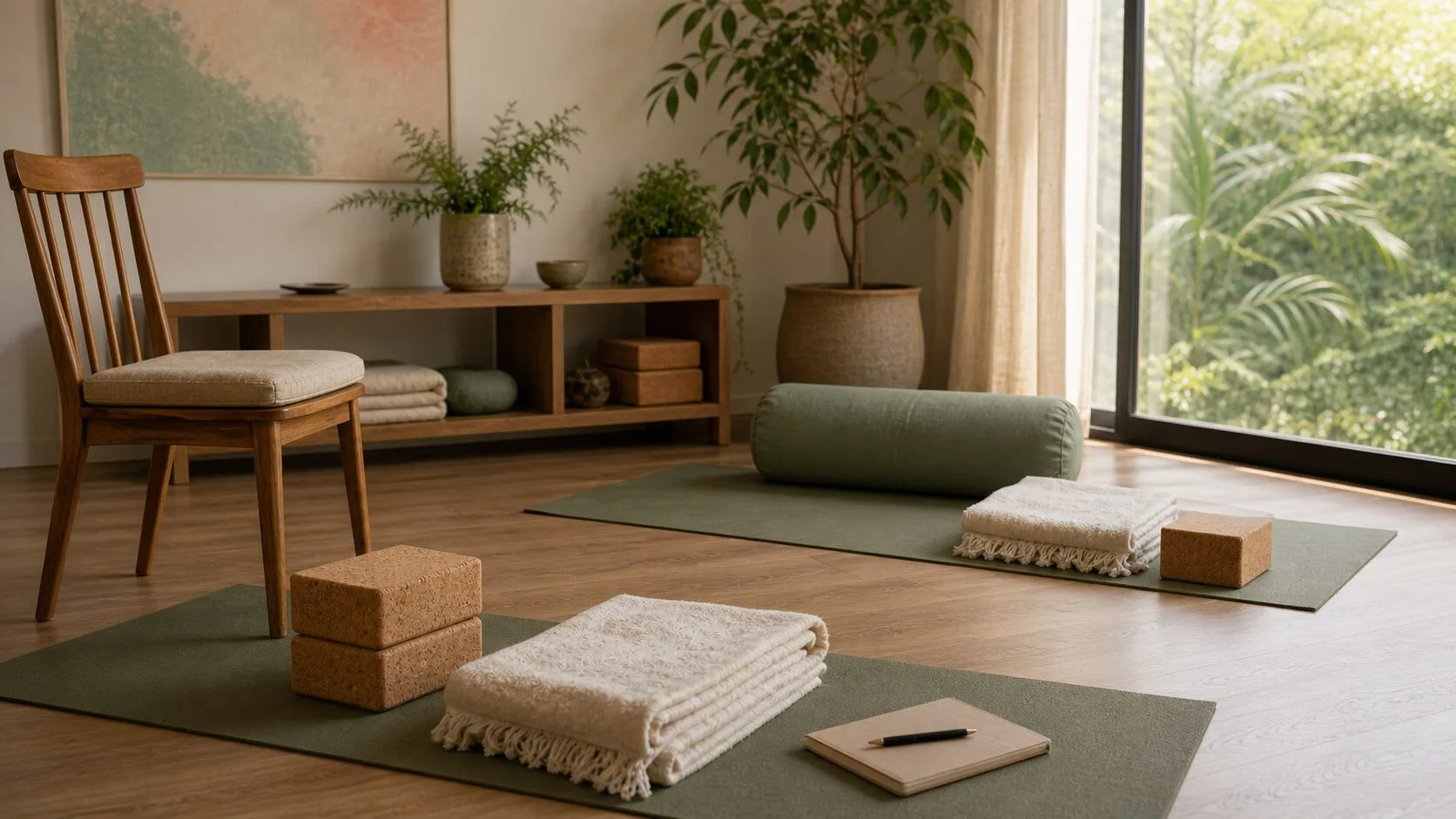 Photorealistic private yoga therapy space with two mats, a chair, bolsters, blankets and cork blocks