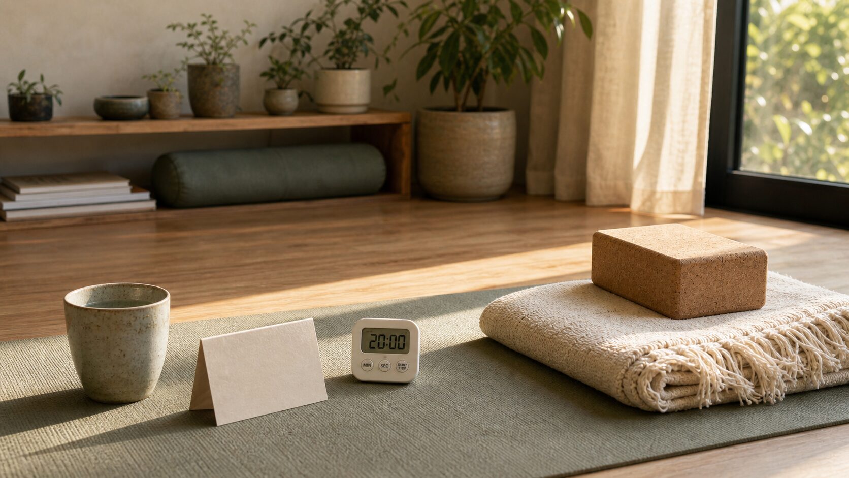 Photorealistic home yoga practice setup with a 20-minute timer, blanket, cork block and water