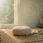 Peaceful painterly meditation room with a cushion, folded shawl and soft morning light