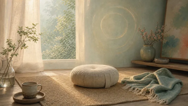 Peaceful painterly meditation room with a cushion, folded shawl and soft morning light