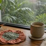 Photorealistic rainy window beside coffee, a crochet hook and coral and sage crochet work