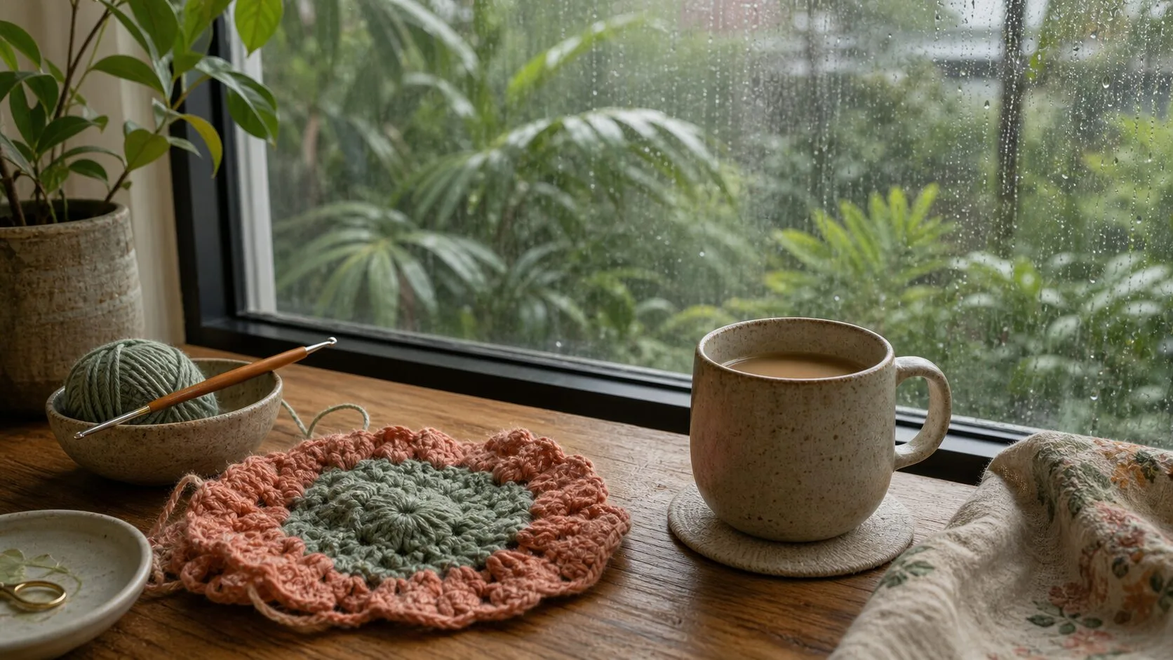 Photorealistic rainy window beside coffee, a crochet hook and coral and sage crochet work